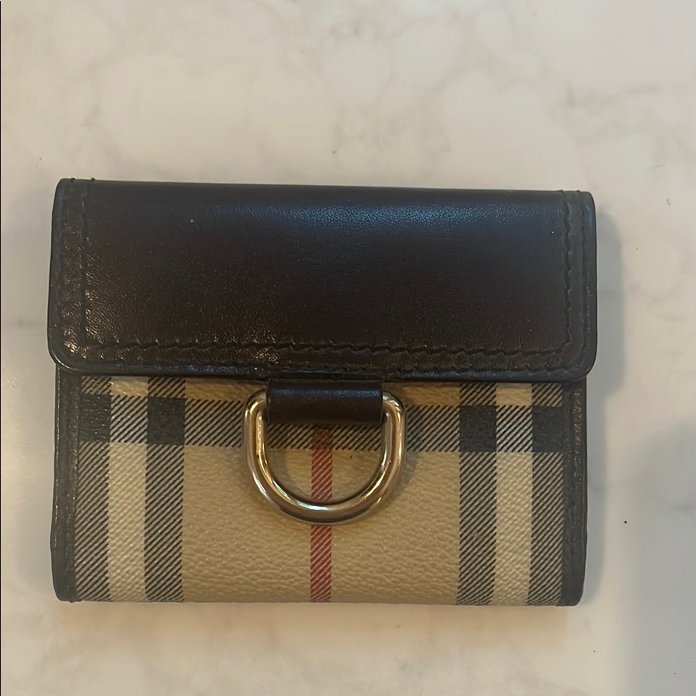 Burberry Tan and Brown Checkered Wallet Coin Purse with Gold Detail